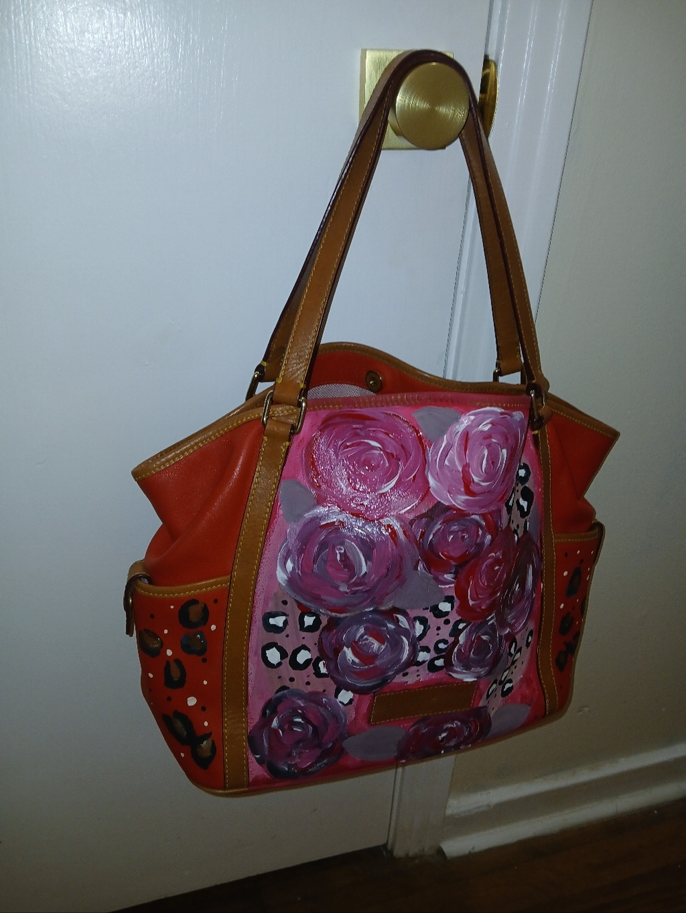 Dooney & Bourke Artist Hand-Painted Floral Tote Bag with Tan Trim - Picture 8 of 12